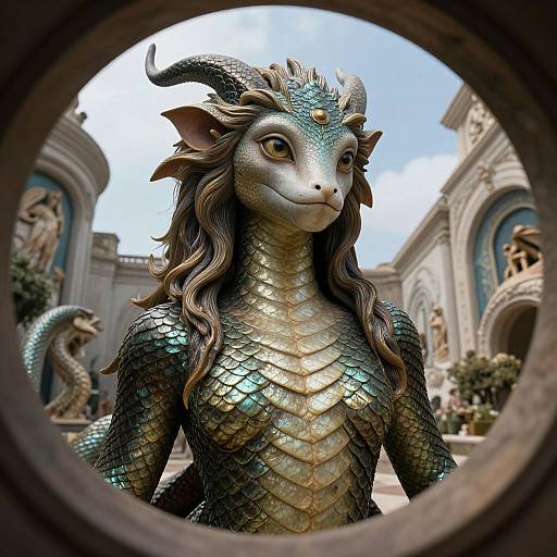 Photorealistic digital artwork of a dragon-like female with green scales, golden chest, and brown hair, viewed through a circular window, in a classical