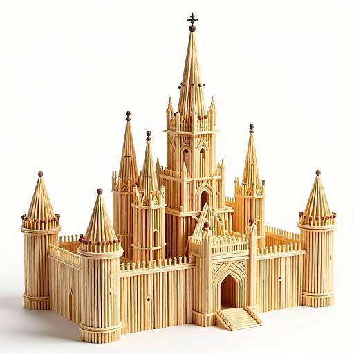 Photograph of a detailed, wooden Gothic-style castle model with multiple pointed towers, intricate arches, and vertical stripes, set against a white background.