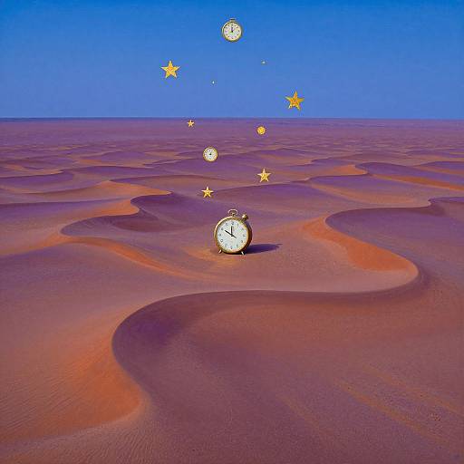 Digital art of a surreal desert with undulating sand dunes in purple and orange hues. A clock sits center, surrounded by floating stars against a vibrant