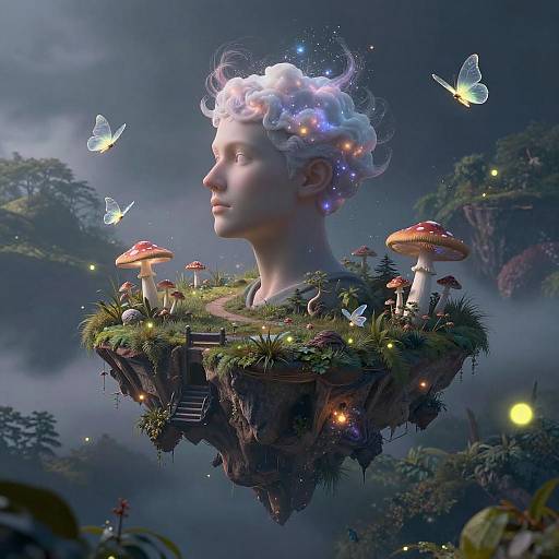 Double-Exposure Stag Dreamscape Floating Islands