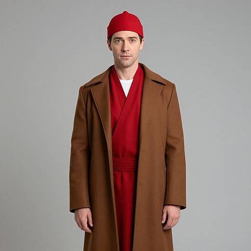 Photograph of a young man with fair skin, wearing a red cap, red robe, and brown overcoat, standing against a plain gray background.