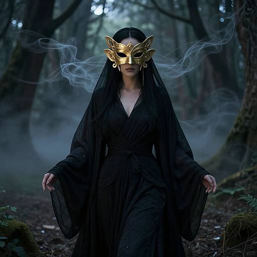 Photograph of a mysterious woman in a black, flowing robe, wearing an ornate gold mask with wings, smoke swirling around her in a dark,