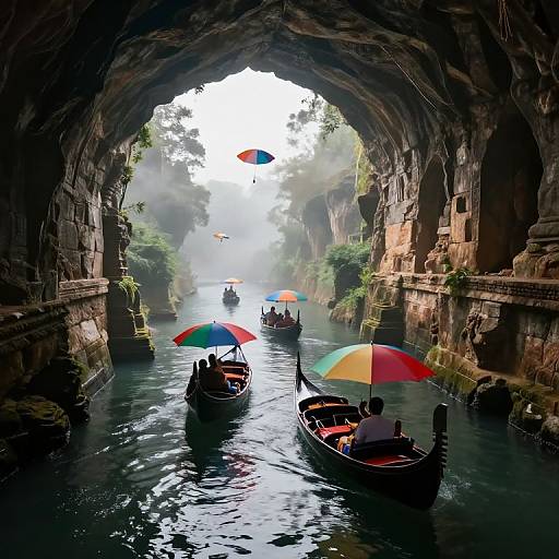 Photograph of colorful umbrellas on wooden boats navigating through a misty, cave-like waterway with rocky walls and lush greenery.