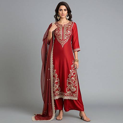 Photograph of a South Asian woman with dark hair, wearing a red embroidered kameez and dupatta, standing against a light blue background, accessor