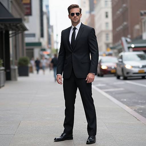 Photograph of a tall, handsome man in a black suit, white shirt, black tie, and sunglasses walking on a city sidewalk with blurred background and