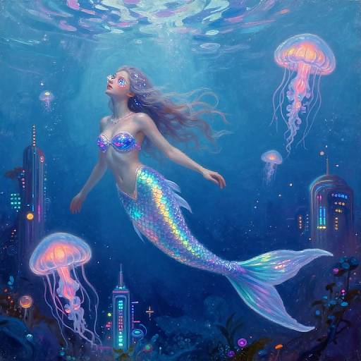 Digital illustration of a shimmering mermaid with iridescent scales, glowing blue top, and flowing hair, swimming amidst bioluminescent jellyfish