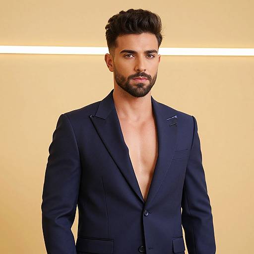 Photograph of a handsome, bearded man with dark hair, wearing a black suit with an open collar, standing against a yellow background with a white