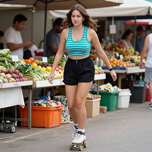 Photograph of a young woman with long brown hair, wearing a green-striped tank top, black shorts, and white sneakers, skateboarding through a colorful