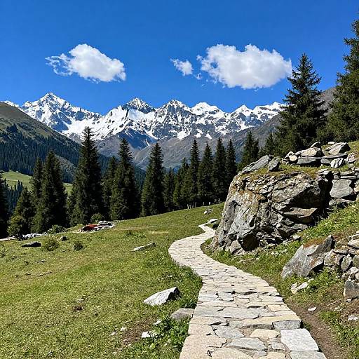 Photograph of a stone path winding through a grassy meadow, with towering snow-capped mountains and pine trees under a vibrant blue sky.