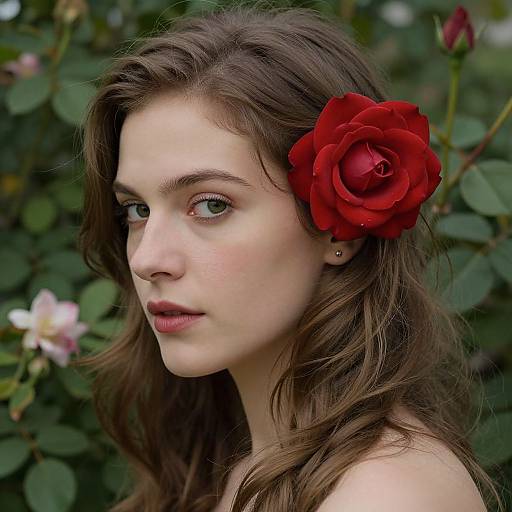 Photograph of a fair-skinned young woman with wavy brown hair, a large red rose in her hair, and green-eyed gaze, set against
