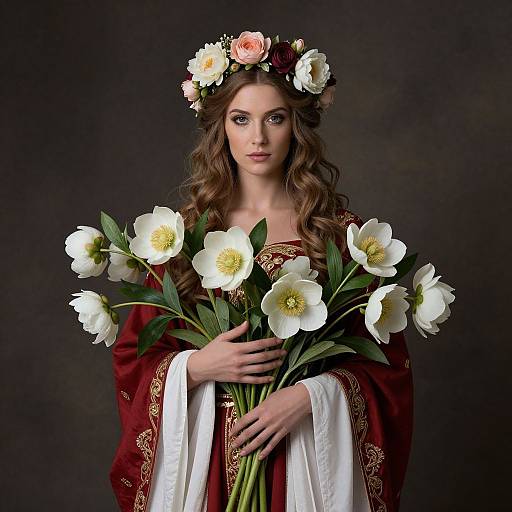Photograph of a fair-skinned, brown-haired woman with a floral crown, wearing a red and gold robe, holding a bouquet of white peon