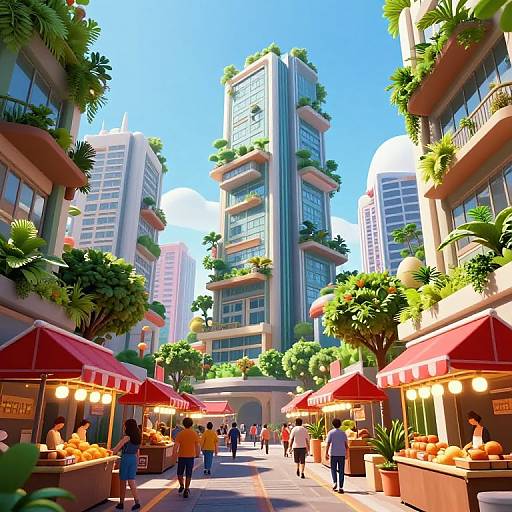 Vibrant CGI scene of a bustling city market with tall, greenery-adorned skyscrapers, red awnings, and vendors selling fruits