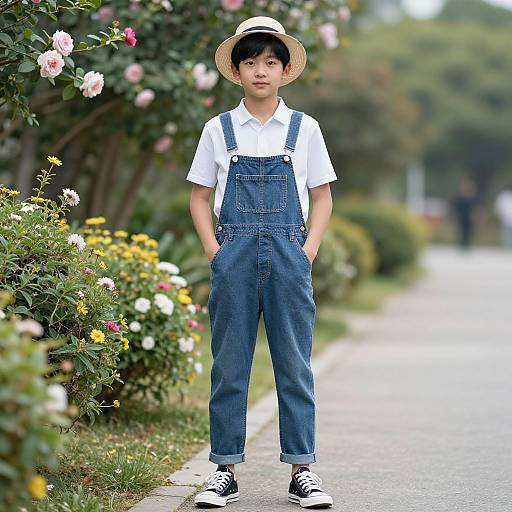 Photograph of an Asian boy in white shirt and blue overalls, wearing a straw hat and black sneakers, standing on a flower-lined sidewalk.