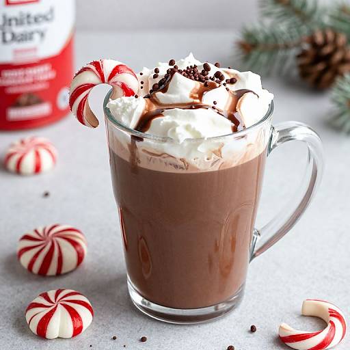 Photograph of a glass mug filled with chocolate peppermint hot cocoa, topped with whipped cream, candy canes, and chocolate shavings, surrounded by