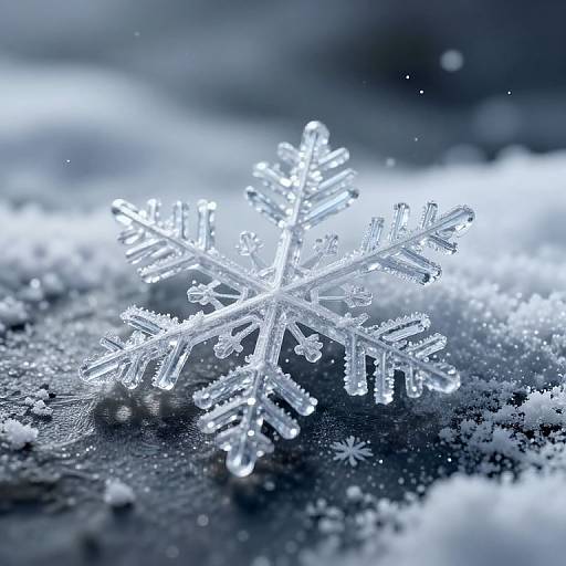 Close-up photograph of a glowing, intricate snowflake on a snowy surface, with blurred, sparkling background, capturing its delicate, crystalline structure.