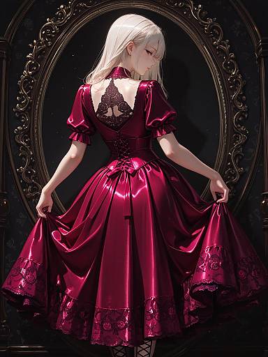 Elegant Woman in Deep Burgundy Satin Dress