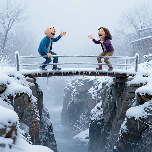 Photograph of a snowy winter scene: two cartoon-like people, one male in blue, one female in purple, joyfully dancing on a snow-covered
