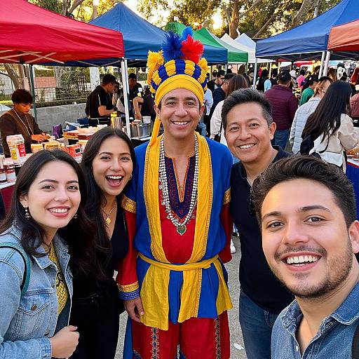 Photograph of four smiling people at a colorful outdoor market; central woman in vibrant, feathered headdress and multicolored outfit stands with three casually