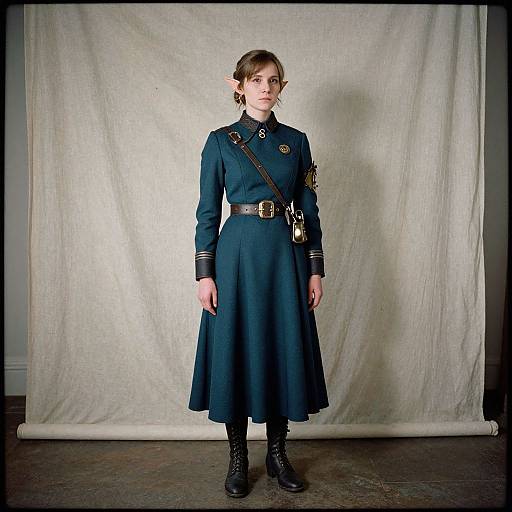 Photograph of a white woman with brown hair in a navy blue military-style dress, black boots, and brown belt, standing against a plain beige backdrop