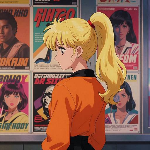 Digital anime-style drawing of a blonde woman in an orange jacket, side ponytail, looking at colorful 80s music posters.