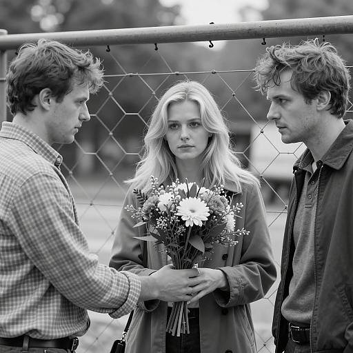 Black and White Portrait of Three People with Bouquet