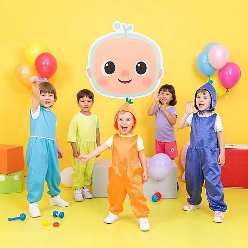 Photograph of five children in colorful overalls and shirts, holding balloons, standing in front of a yellow wall with a large, cartoonish baby face