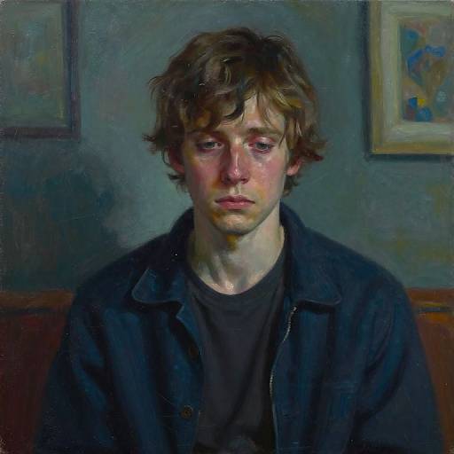 Realistic oil painting of a young man with wavy brown hair, pale skin, and sad expression, wearing a black shirt and jacket, against a