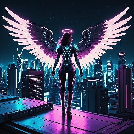 Cybernetic Angel with Neon Wings on Rooftop