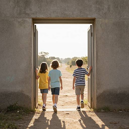 Photograph of three children, two boys and one girl, walking away through a sunlit, rectangular doorway in a concrete wall.