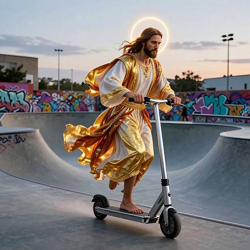 Jesus Christ Riding Scooter in Urban Skatepark