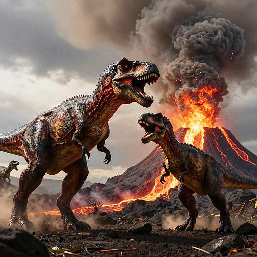Dinosaurs Battling Near Volcanic Eruption