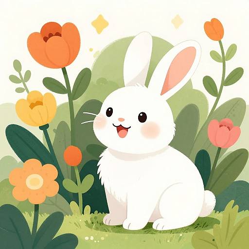 Cheerful White Bunny in Vibrant Flowers