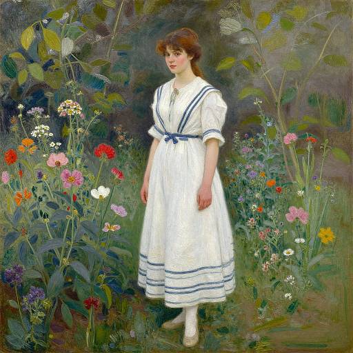 A painting of a young woman in a white dress with blue stripes, standing in a colorful, vibrant garden. She has red hair and a gentle expression