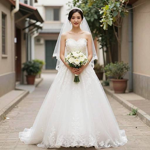 Bride in White Wedding Dress Holding Bouquet