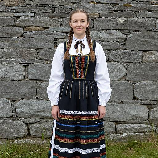 Photograph of a young Caucasian girl with braided hair, wearing a traditional black and white embroidered dress, standing in front of a gray stone wall.