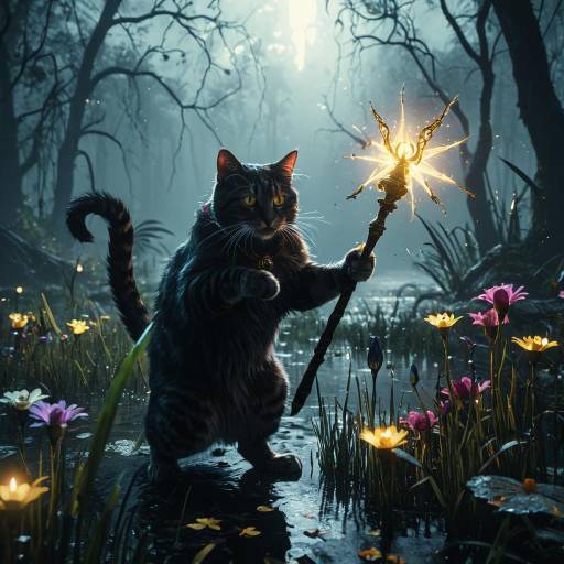 Magical Cat with Glowing Wand in Mystical Swamp