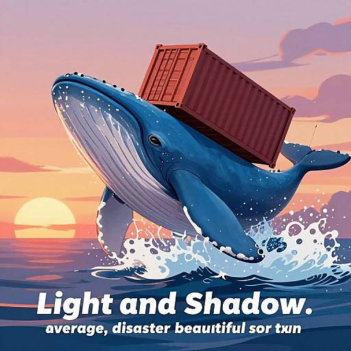 Digital illustration of a blue whale carrying a red shipping container, set against a sunset ocean. Text reads: 