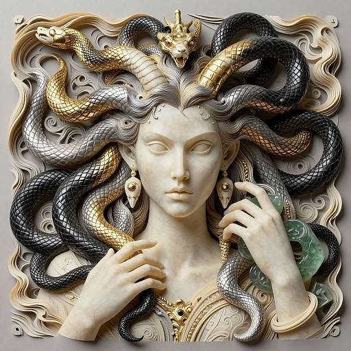 Photorealistic sculpture of a serene marble-faced woman with flowing black and gold serpent hair, wearing a gold crown and earrings.