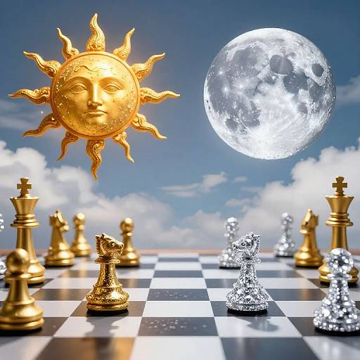 Photograph of a chessboard with gold and silver pieces, featuring a glowing sun face and a bright full moon in a blue sky with clouds.