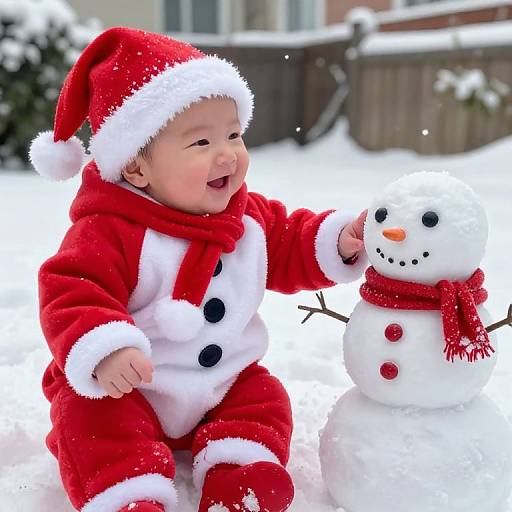 Photograph of a smiling baby in a red Santa outfit, holding a snowman with a red scarf, in a snowy backyard.