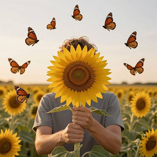 Photograph of a person holding a sunflower, surrounded by floating orange and black butterflies, in a sunflower field at sunset.