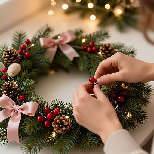 Close-up photograph of hands decorating a Christmas wreath with red berries, pine cones, and pink bows, illuminated by warm fairy lights.