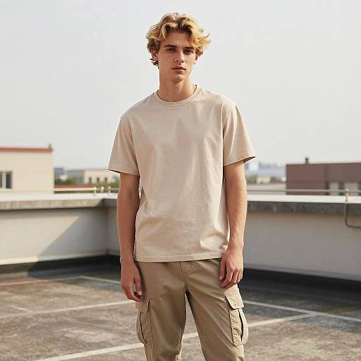 Photograph of a young man with blonde, wavy hair, wearing a plain white t-shirt and beige cargo pants, standing on a rooftop with a