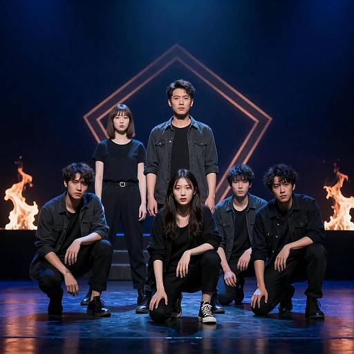 Dramatic Group on Stage with Flames