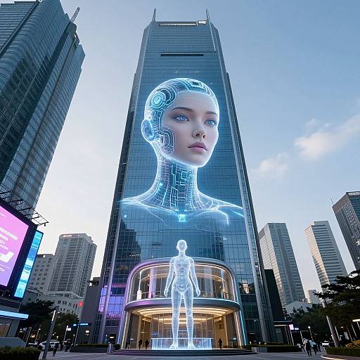 Digital artwork of a futuristic skyscraper with a glowing blue wireframe woman's face on the glass facade, and a smaller glowing wireframe figure below,