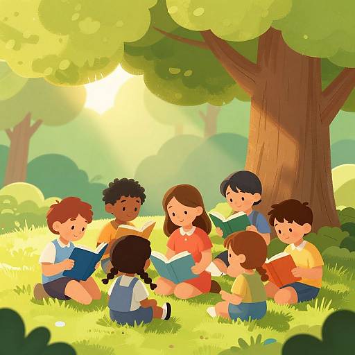 Digital illustration of six diverse children with brown, black, and blonde hair, reading books in a sunlit, green forest clearing.