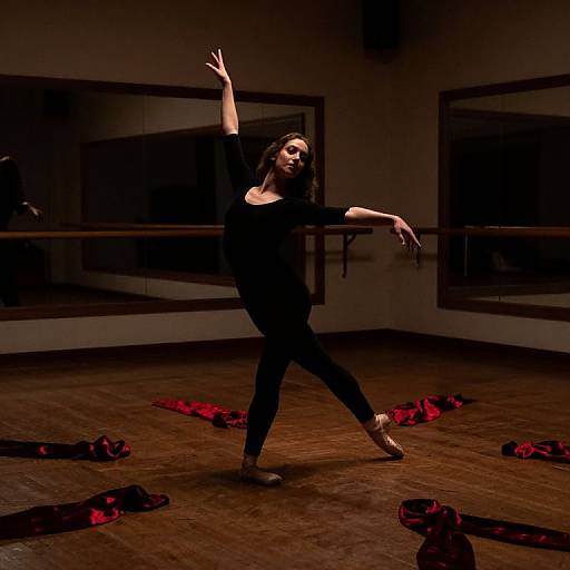 Photograph of a dark-haired ballerina in black clothes, mid-dance in a dimly lit studio with scattered red-and-black scarves on
