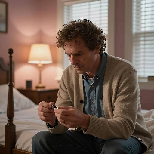 Focused Man in Cozy Bedroom Setting