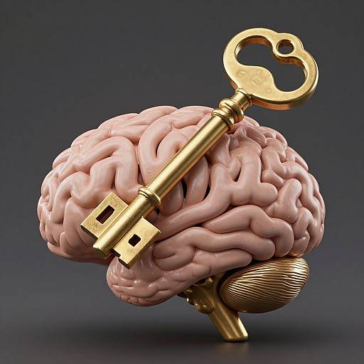 CGI image of a pink, detailed human brain with a large, gold, antique key inserted into the left hemisphere. Dark blue background. Symbolizing