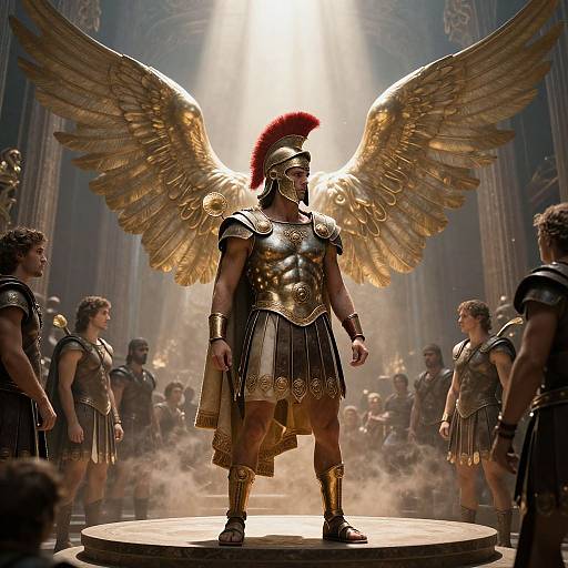 Digital artwork of a muscular, armored Roman warrior with golden wings, red plume, standing center-stage, surrounded by soldiers in ancient Roman attire. Bright